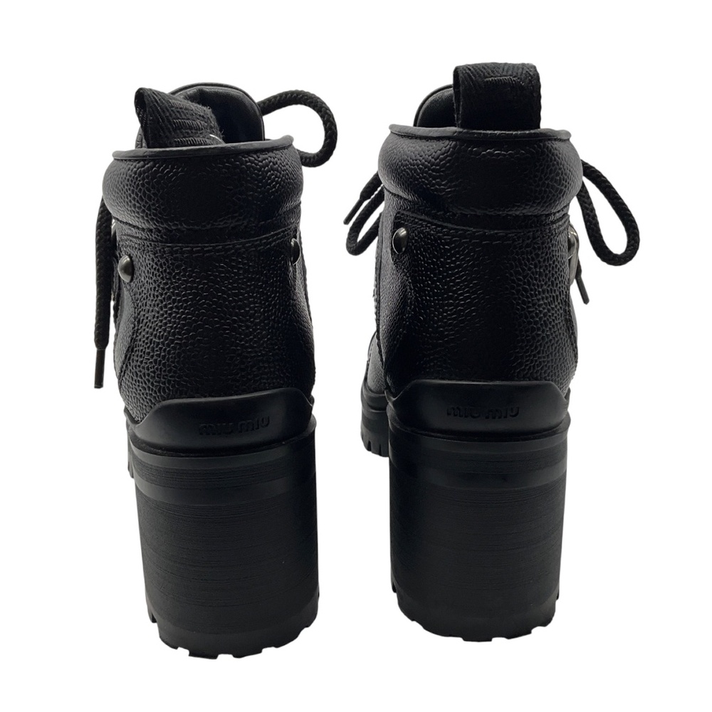 MIU MIU BLACK LACE UP GRAINED LEATHER HEELED BIKER ANKLE BOOTS - Picture 6 of 9